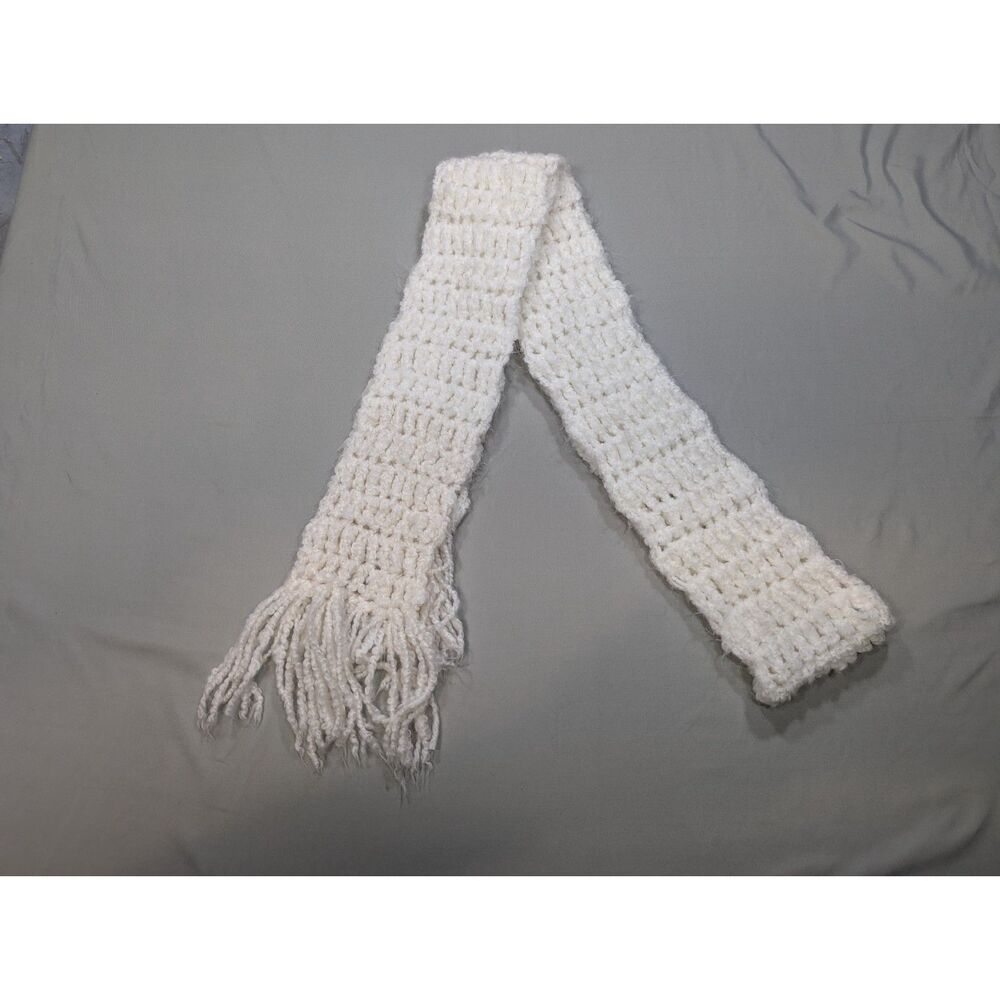 Women’s White Chunky Knit Scarf Extra Long Fringe Cozy Winter Wrap